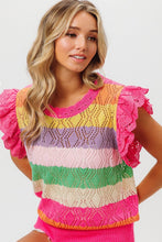 Load image into Gallery viewer, BiBi Pointelle Striped Ruffled Knit Top
