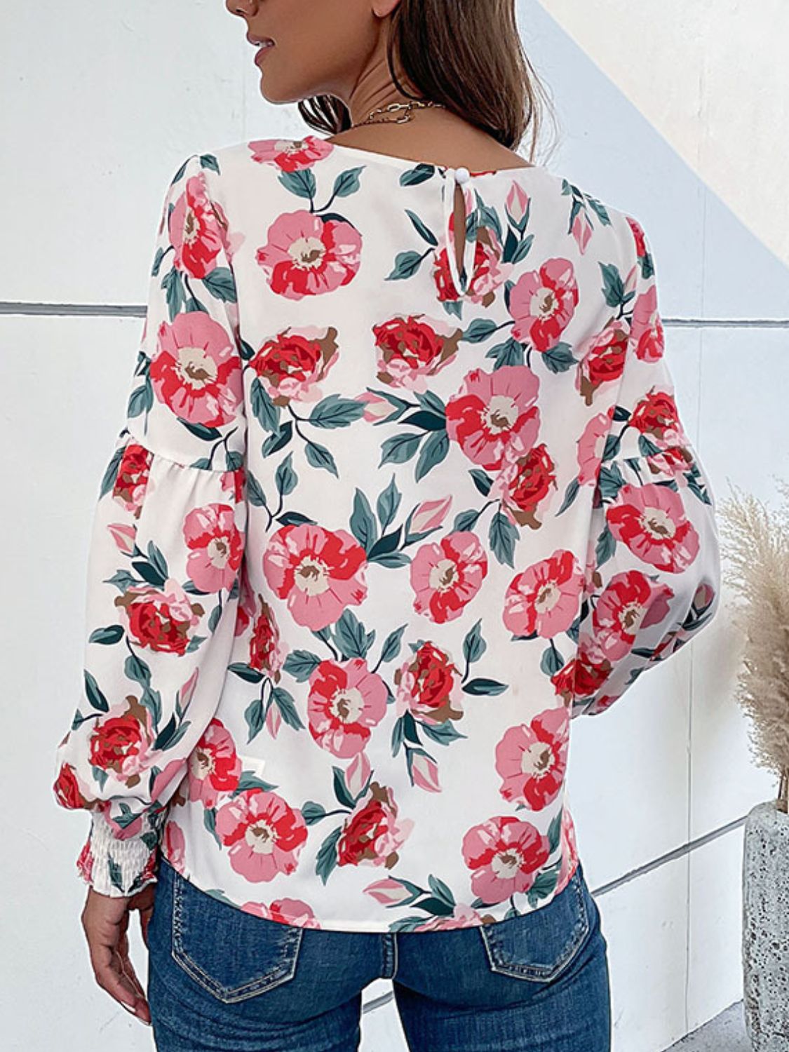 Perfee Floral Long Puff Sleeve Round Neck Blouse