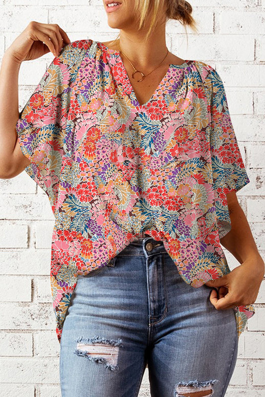 Floral Notched Neck Flutter Sleeve Blouse