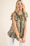 Kori America Full Size Printed Ruffle Hem Cap Sleeve Blouse