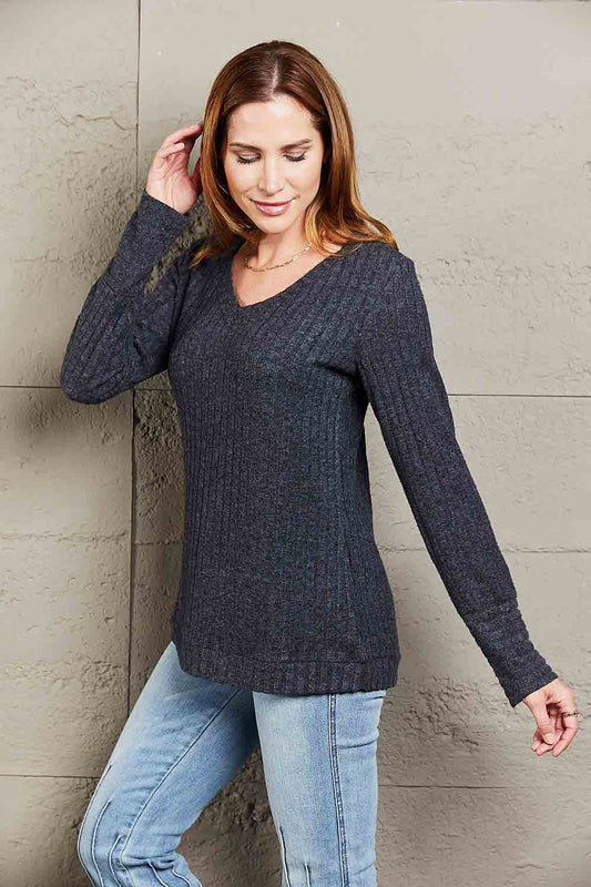 Mandy V-Neck Long Sleeve Ribbed Top