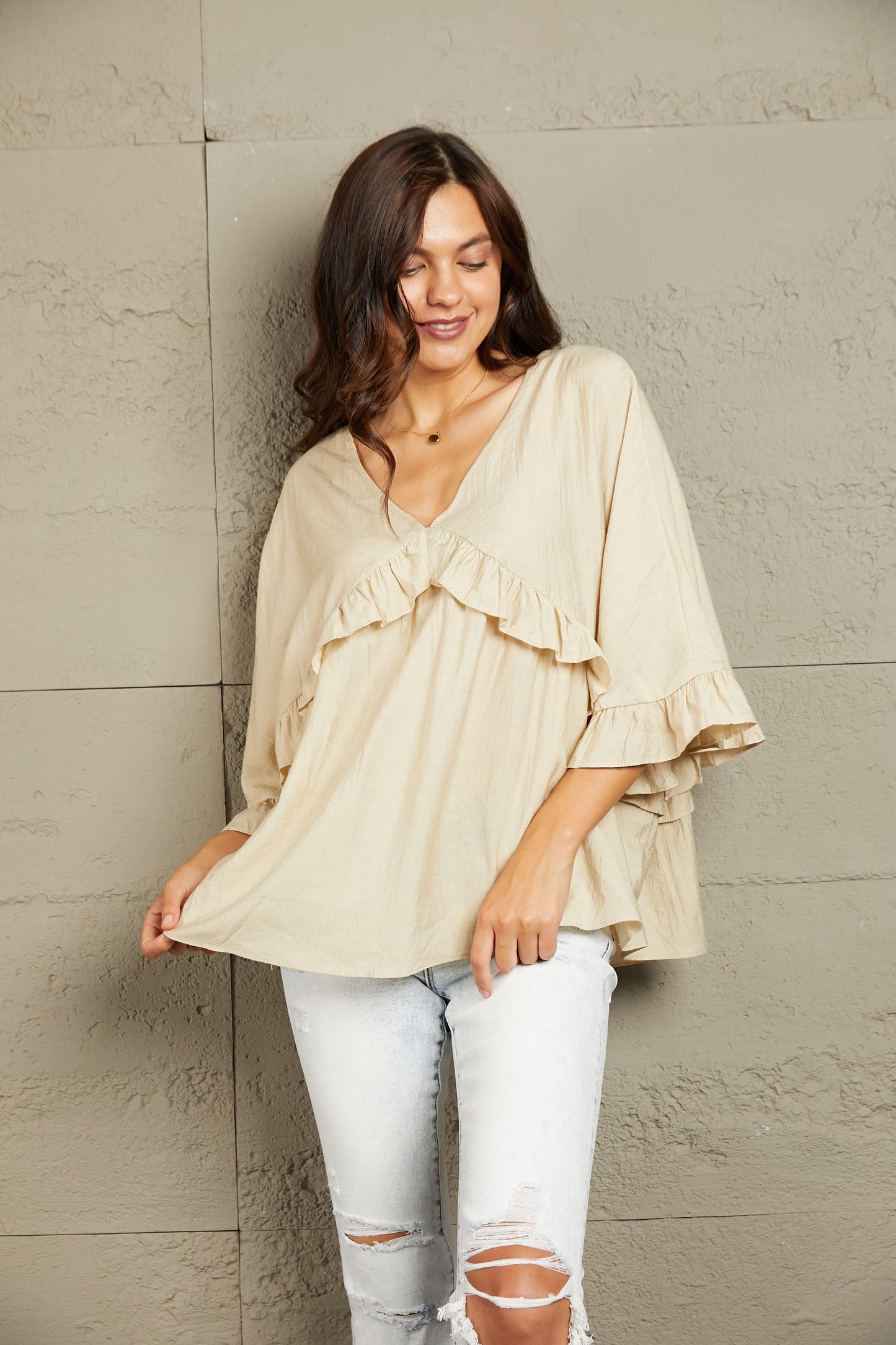 Double Take Ruffled V-Neck Half Sleeve Blouse