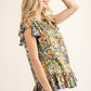 Kori America Full Size Printed Ruffle Hem Cap Sleeve Blouse