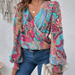 Printed Surplice Smocked Lantern Sleeve Blouse