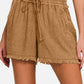 Zenana Washed Linen Frayed Hem Drawstring Shorts