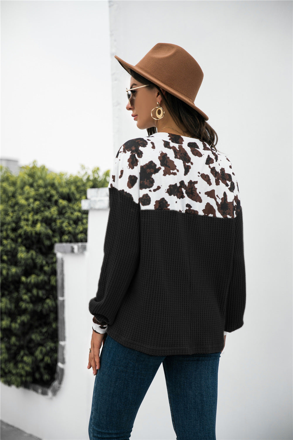 Animal Print Color Block Waffle-Knit Top