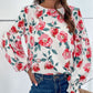 Perfee Floral Long Puff Sleeve Round Neck Blouse