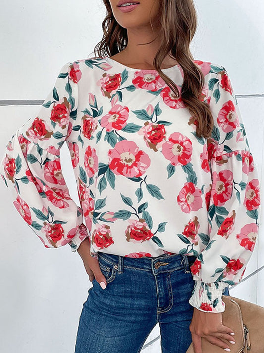 Perfee Floral Long Puff Sleeve Round Neck Blouse