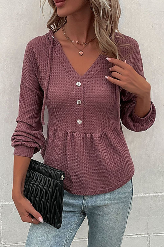 Perfee Waffle-Knit Buttoned Drop Shoulder Hoodie