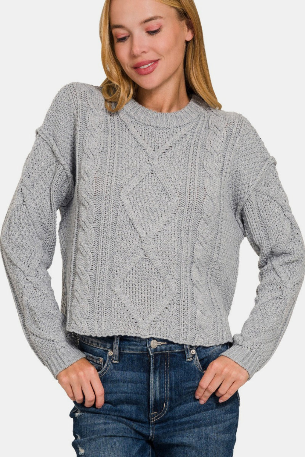 Zenana Cropped High Low Cable Sweater with Side Slits