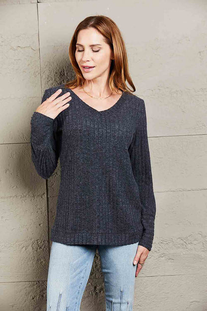 Mandy V-Neck Long Sleeve Ribbed Top