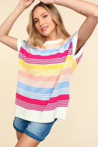 Haptics Striped Side Slit Short Sleeve Knit Top