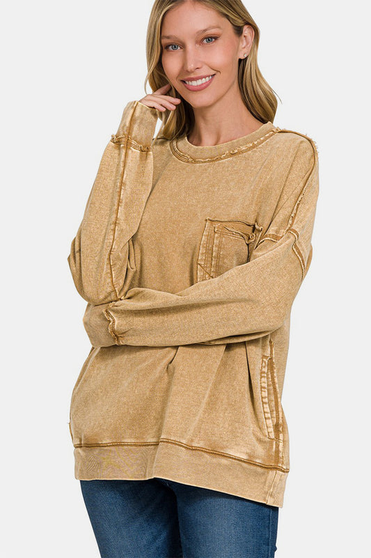 Zenana Exposed Seam Round Neck Dropped Shoulder Sweatshirt