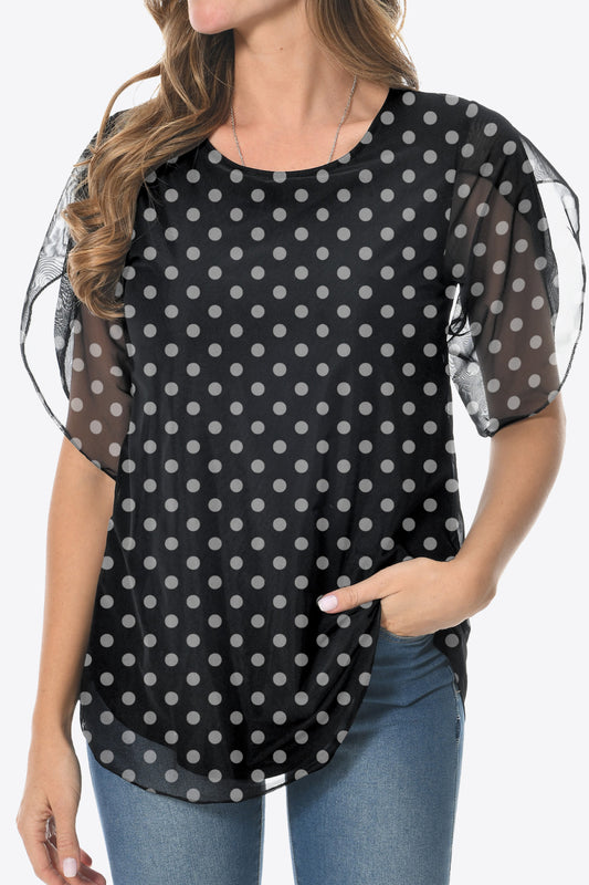 Printed Round Neck Curved Hem Blouse