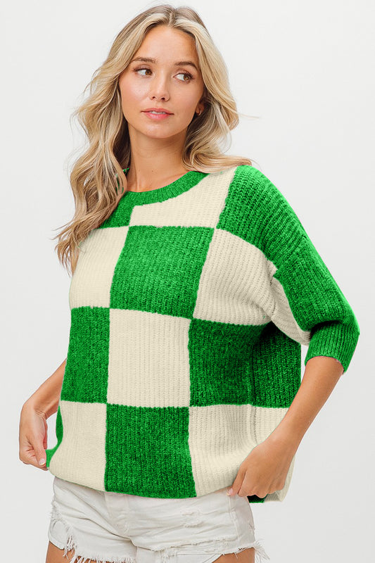 BiBi Checkered Contrast Round Neck Sweater