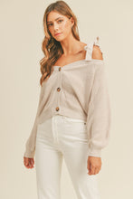 Load image into Gallery viewer, MABLE Off Shoulder Self Tie Strap Button Down Sweater
