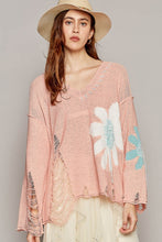 Load image into Gallery viewer, POL Distressed Flower V-Neck Dropped Shoulder Knit Top
