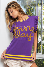 Load image into Gallery viewer, BiBi Game Day Letter Contrast Trim Ruffled Sleeveless Sweater
