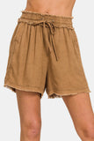 Zenana Washed Linen Frayed Hem Drawstring Shorts