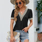 Contrast V-Neck Puff Sleeve Top