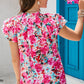 Floral Tie Neck Flutter Sleeve Blouse