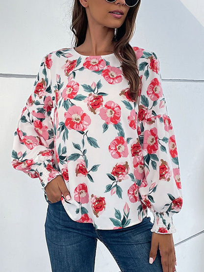 Perfee Floral Long Puff Sleeve Round Neck Blouse