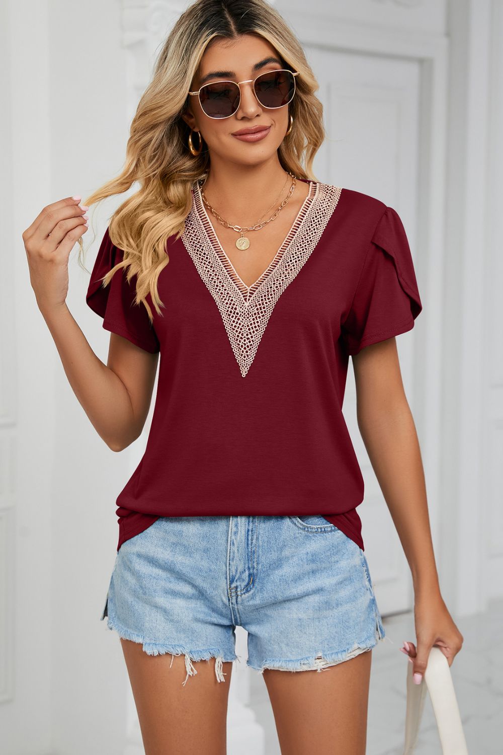 Contrast Trim Petal Sleeve V-Neck Top