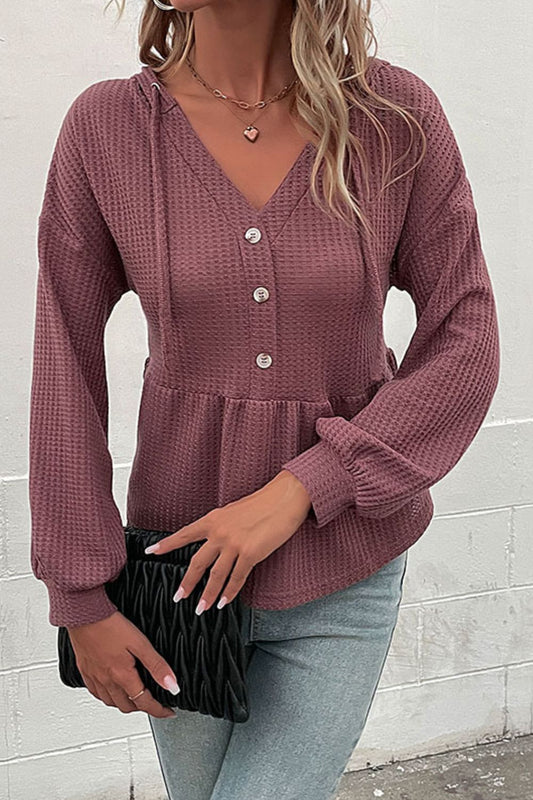 Perfee Waffle-Knit Buttoned Drop Shoulder Hoodie