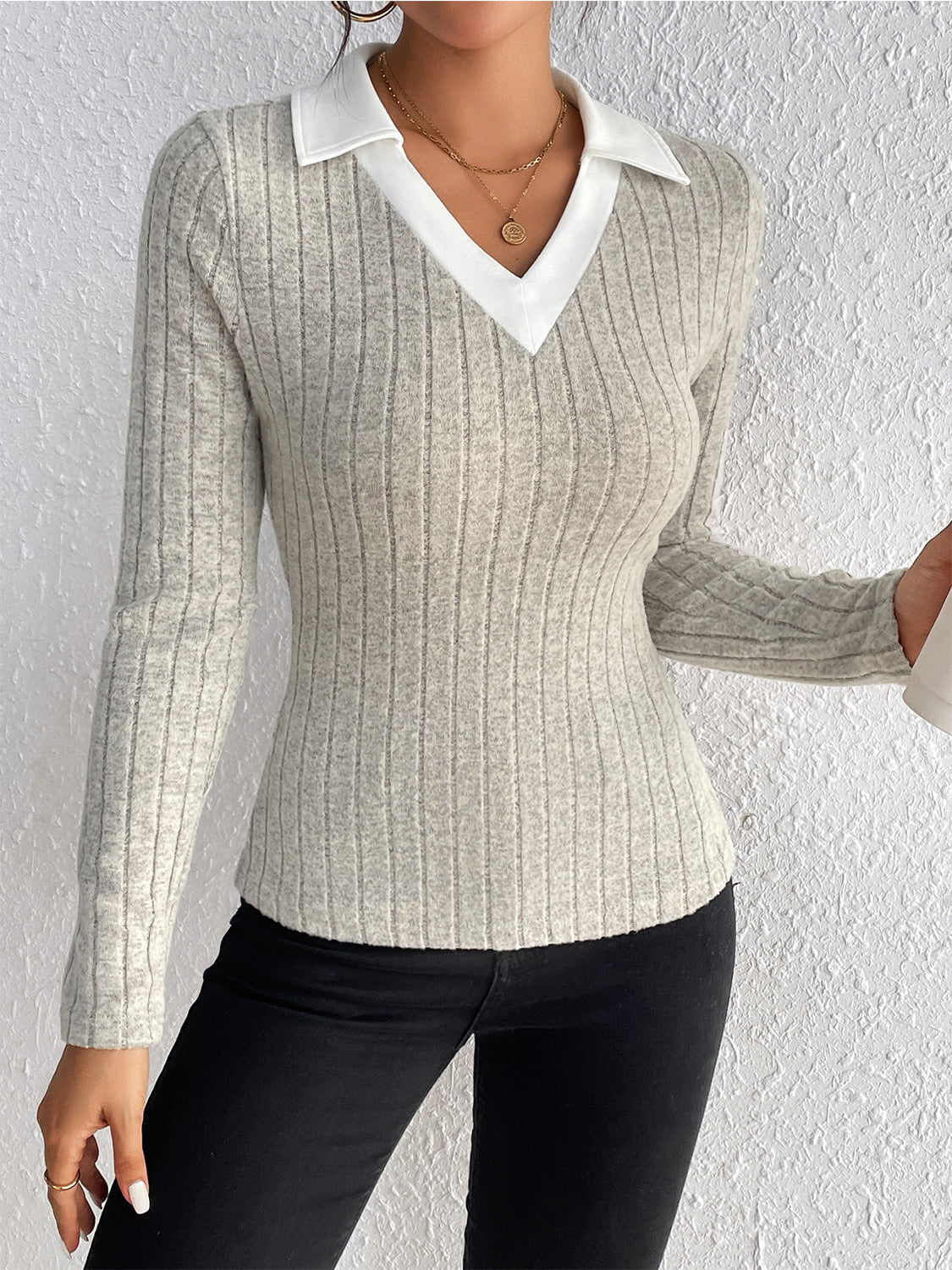 Honey Ribbed Johnny Collar Long Sleeve Blouse