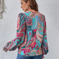 Printed Surplice Smocked Lantern Sleeve Blouse