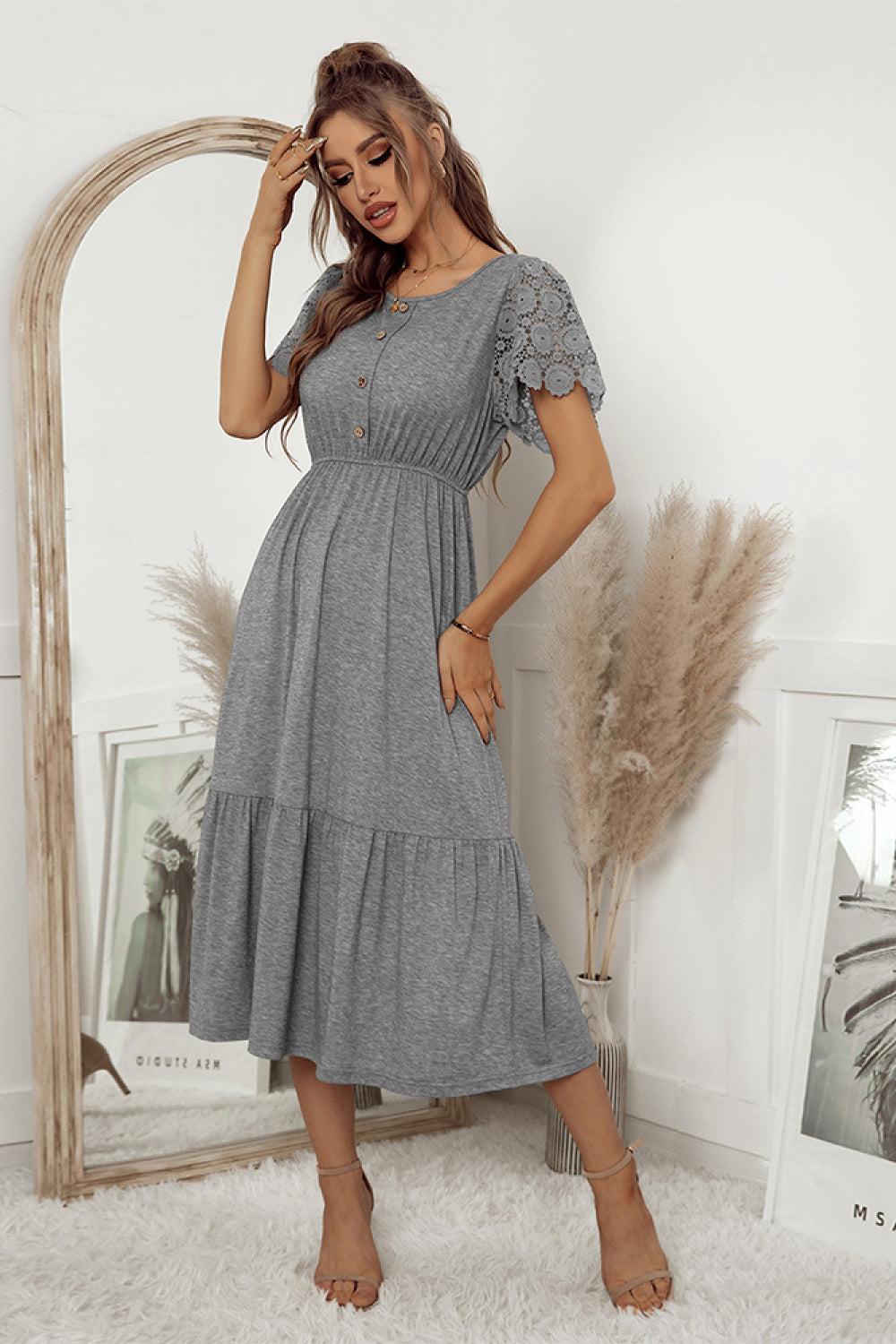 Lace Sleeve Tiered Midi Dress with Button Detail