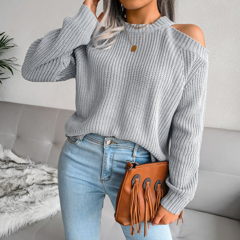 Rib-Knit Cold Shoulder Long Sleeve Sweater