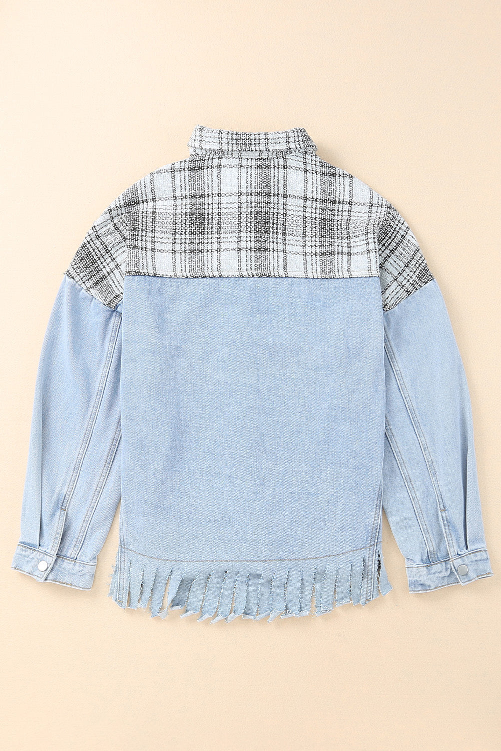 Plaid Fringe Hem Spliced Denim Jacket