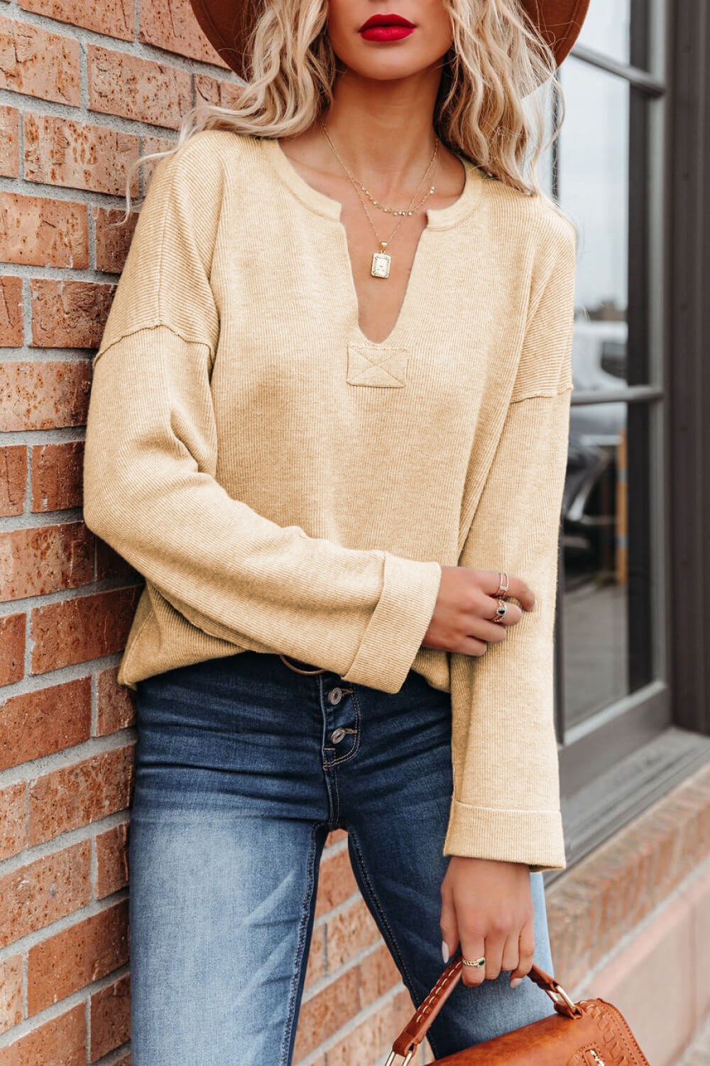 Cuff Sleeve Notched Neck Sweater