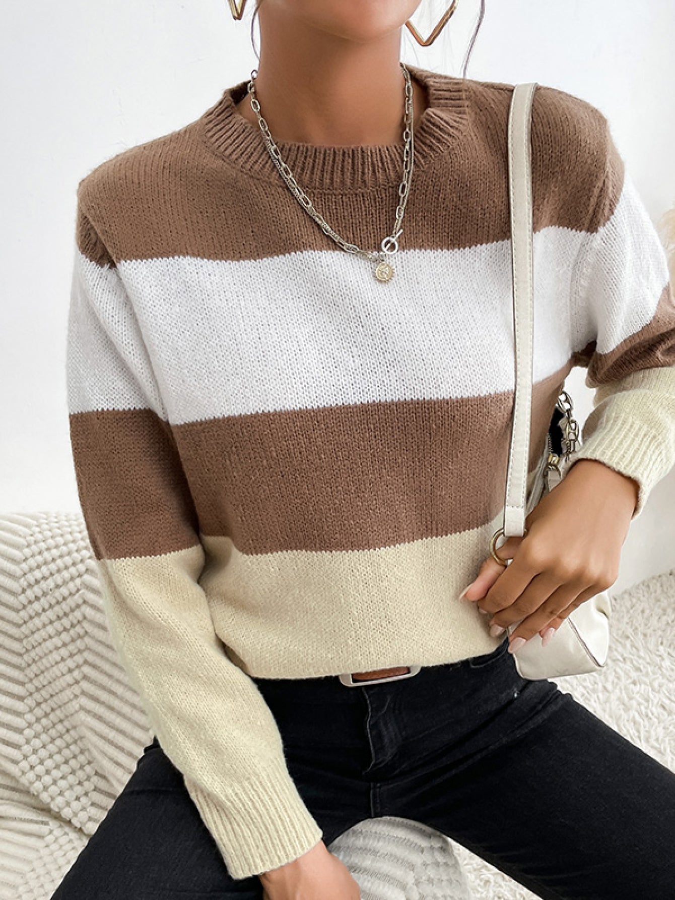 Tricolor Striped Crewneck Pullover Sweater