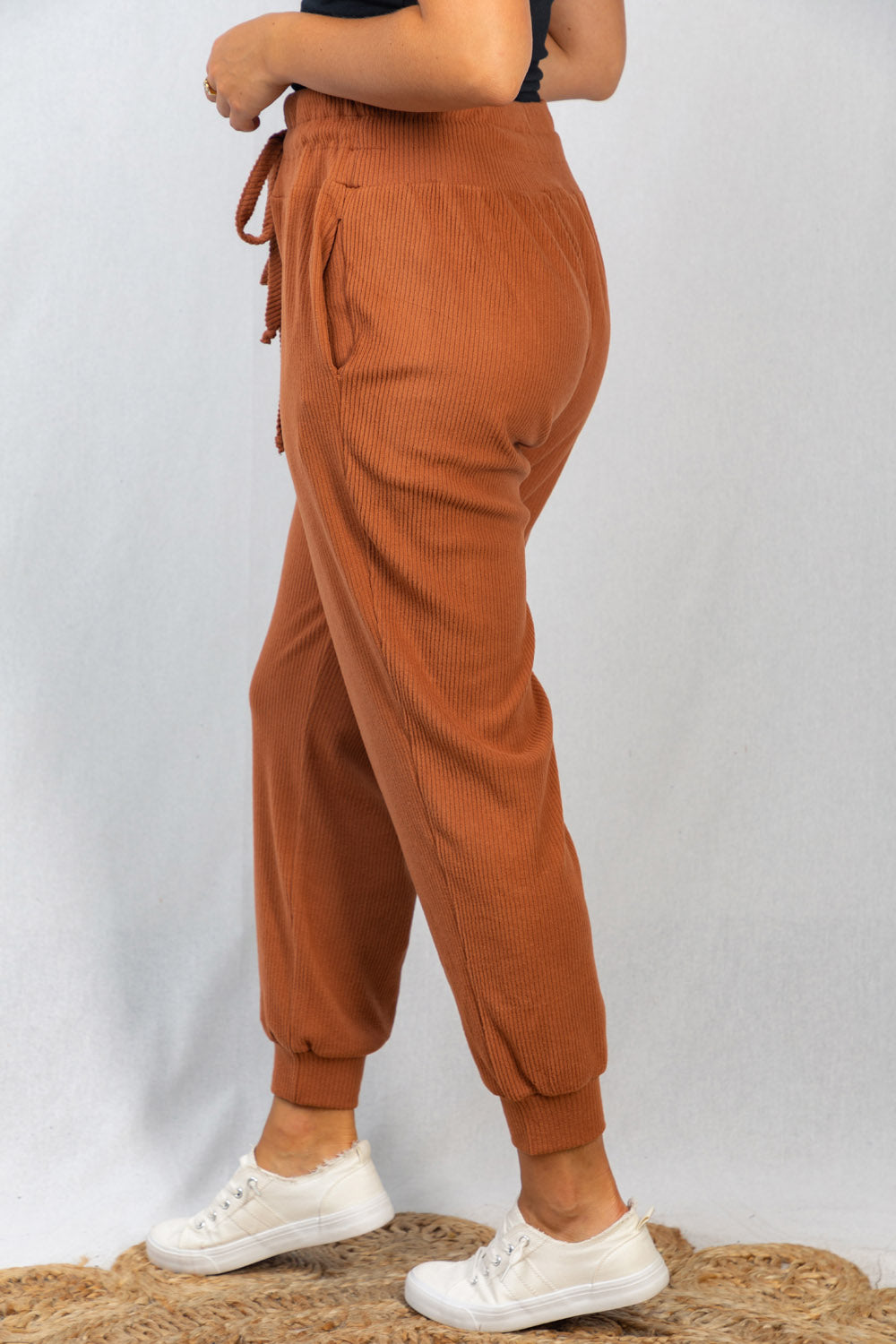 White Birch Full Size Drawstring Waist Rib-Knit Joggers with Pockets in Rust