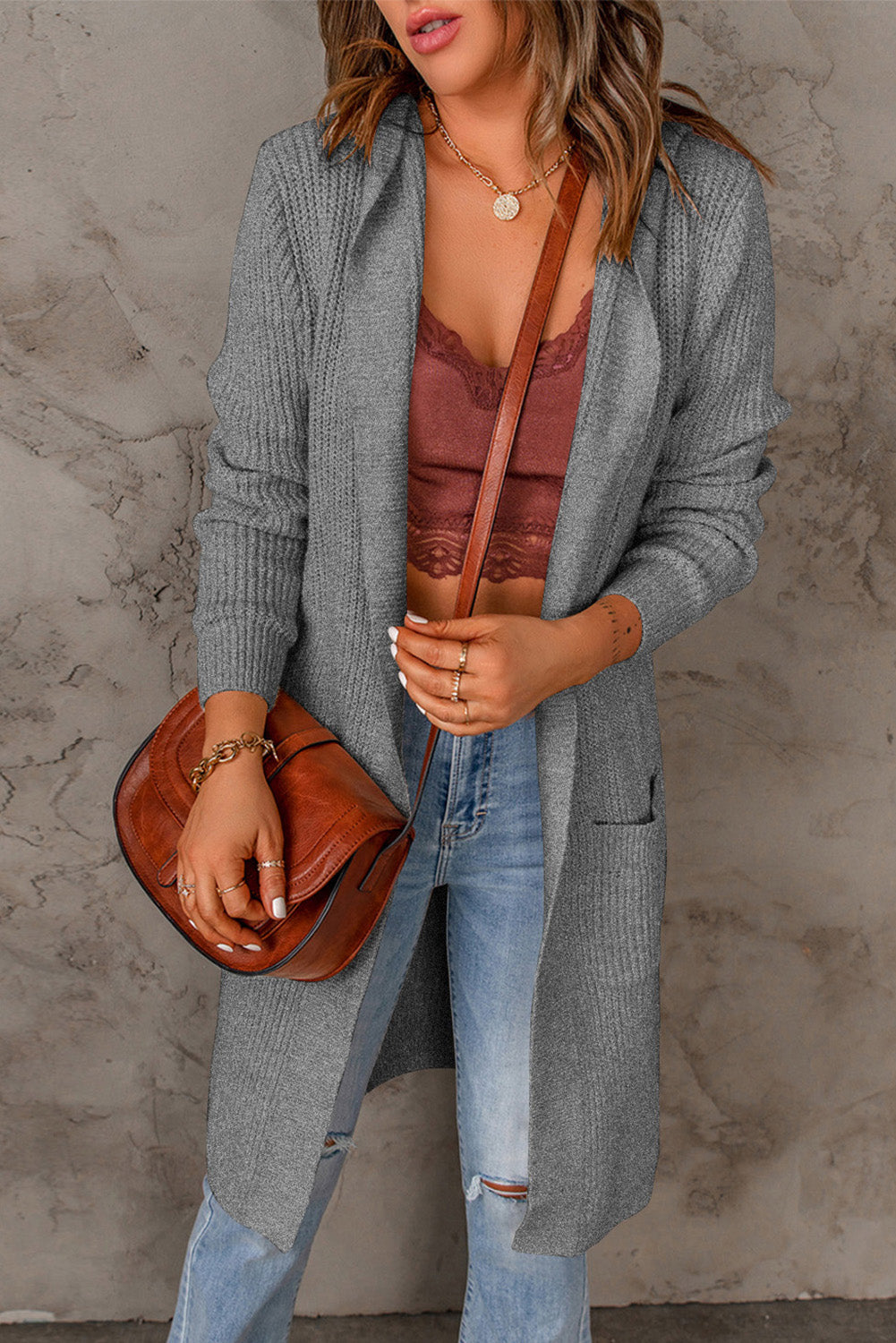 Rib-Knit Hooded Cardigan with Pockets