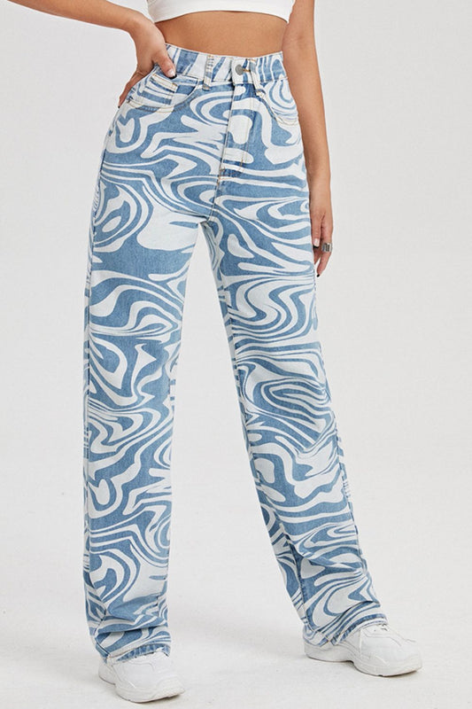 Abstract Print Straight Leg Jeans