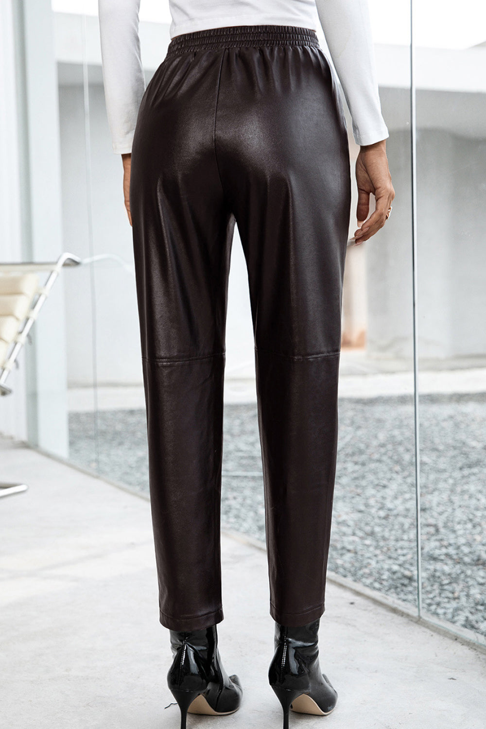 Seamed Elastic Waist PU Leather Pants