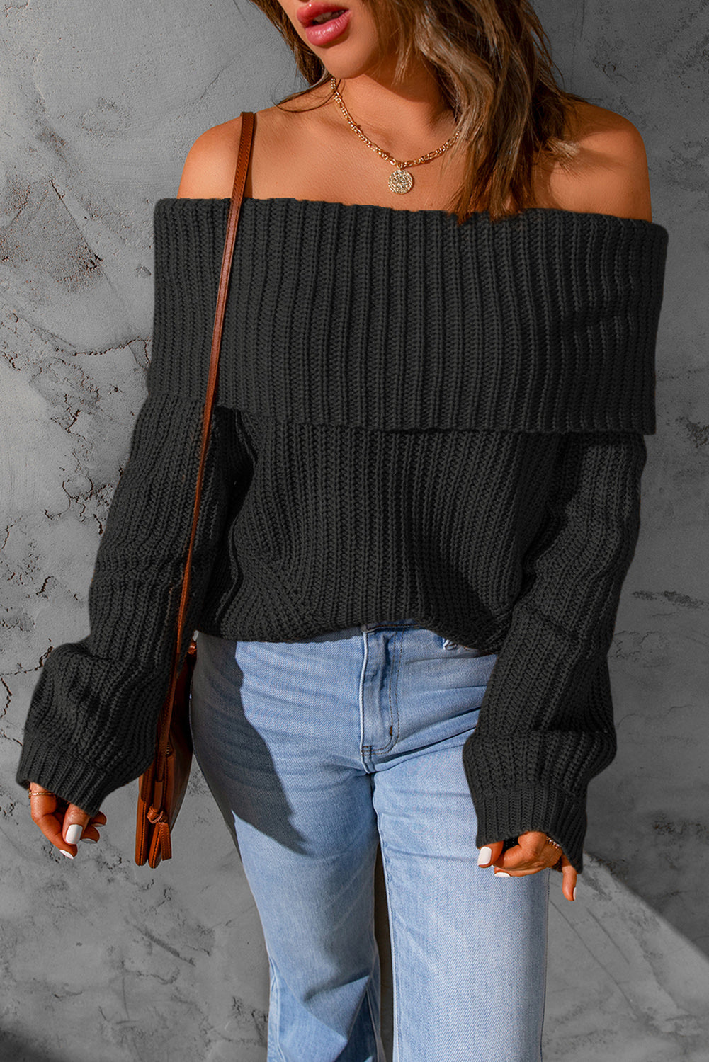 Ribbed Knit Fold-Over Sweater