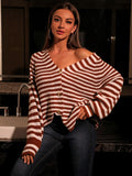 Striped V-Neck Button Down Rib-Knit Cardigan