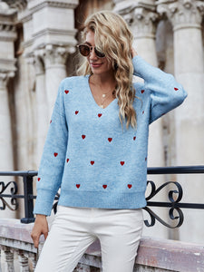 Heart Print V-Neck Dropped Shoulder Sweater