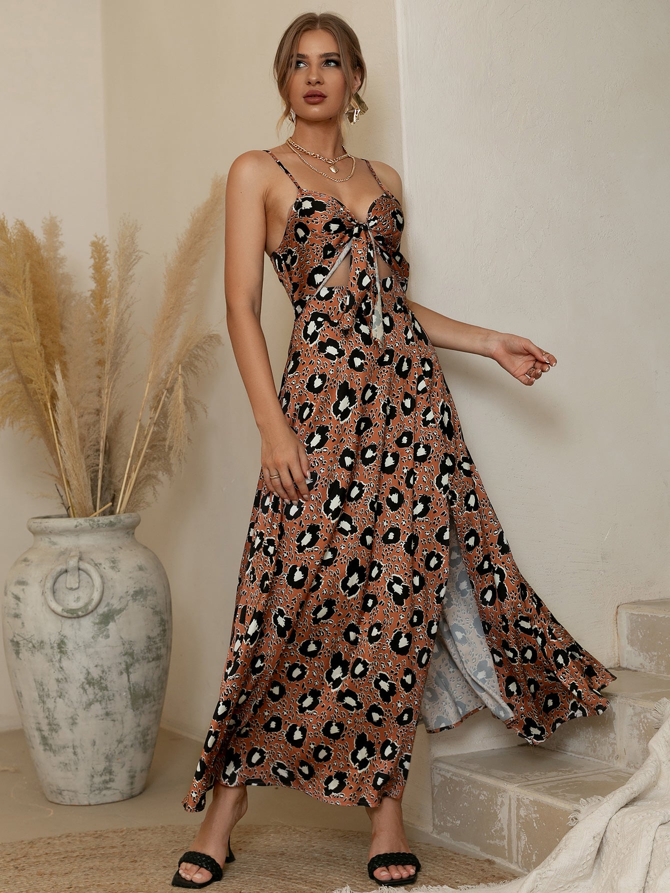 Animal Print Spaghetti Strap Cutout Maxi Dress