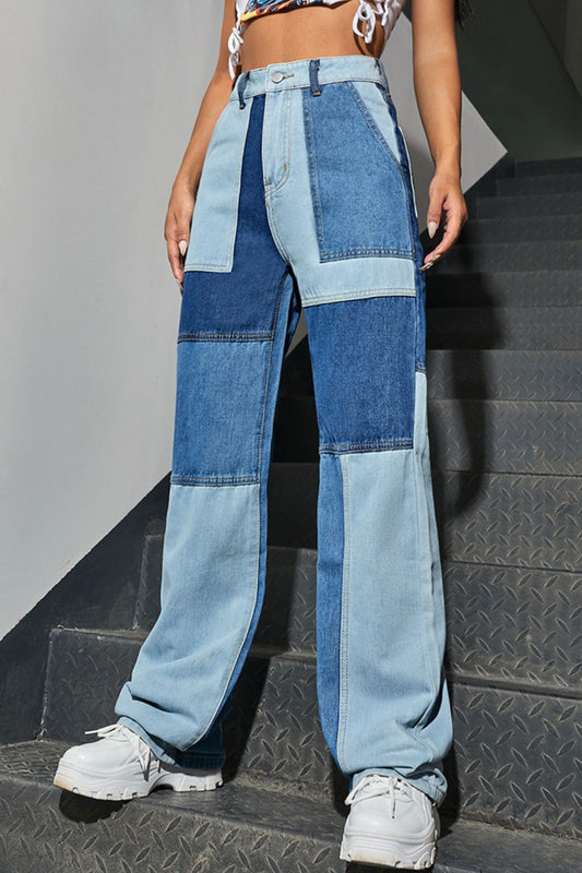 Color Block High Waist Straight Leg Jeans