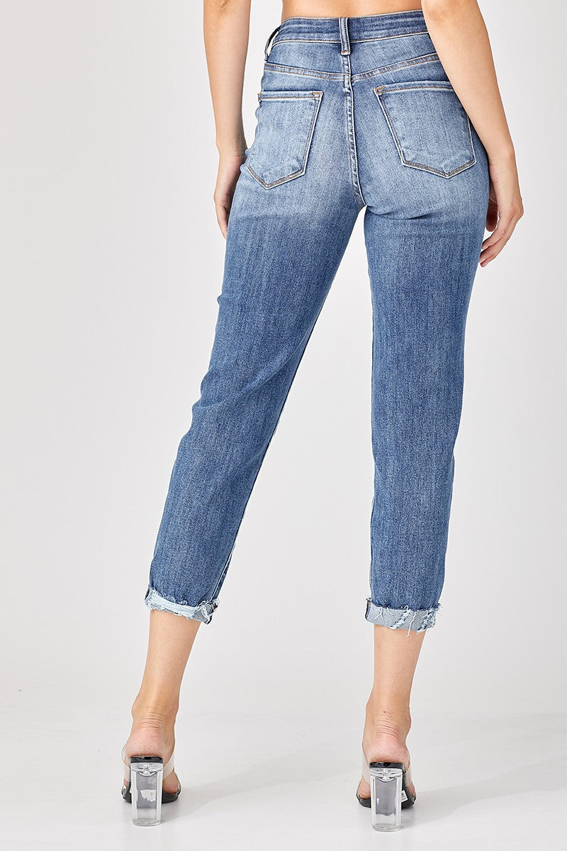 RISEN Distressed High-Rise Boyfriend Jeans in Blue