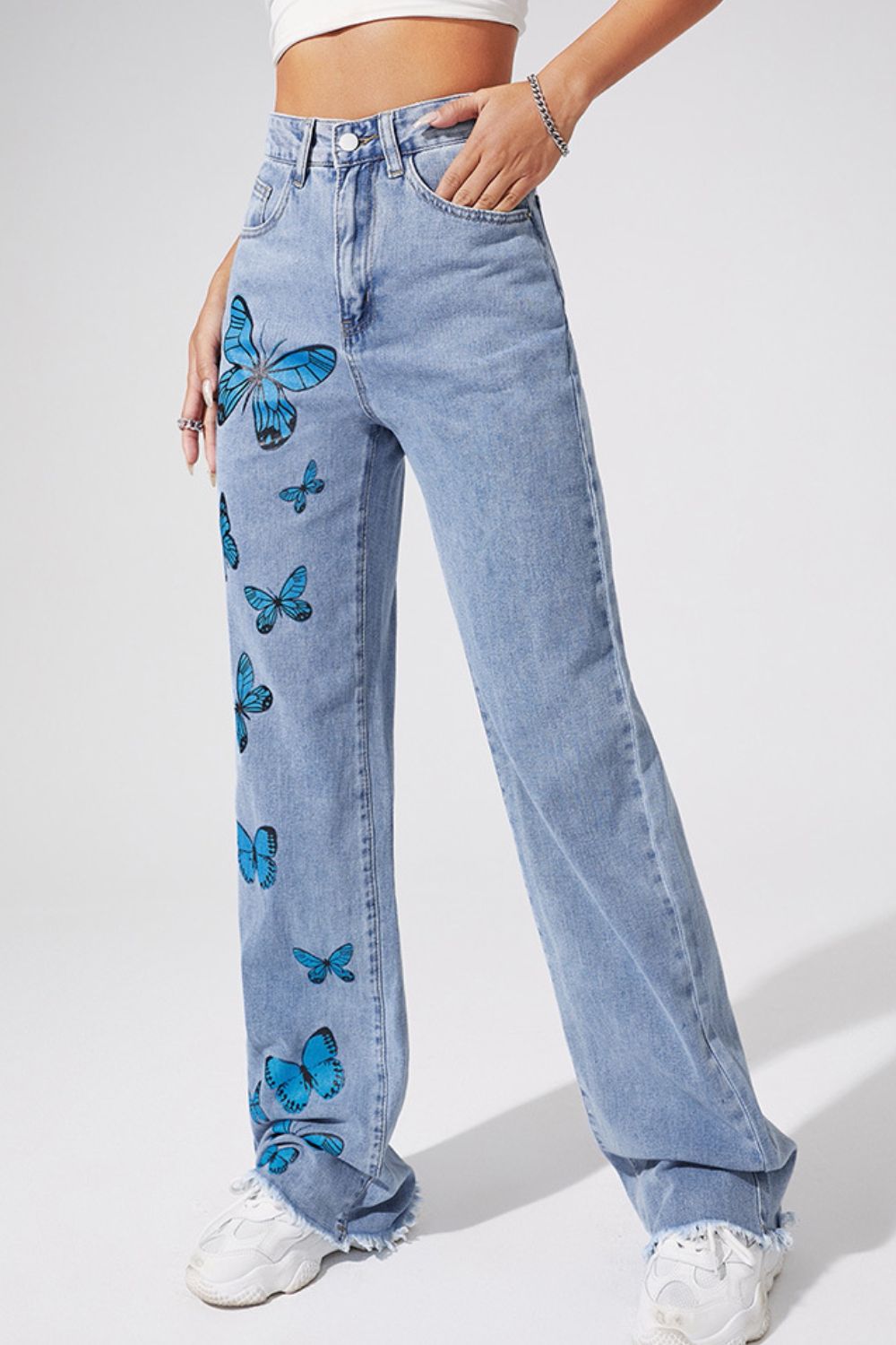 Butterfly Print Raw Hem Straight Leg Jeans