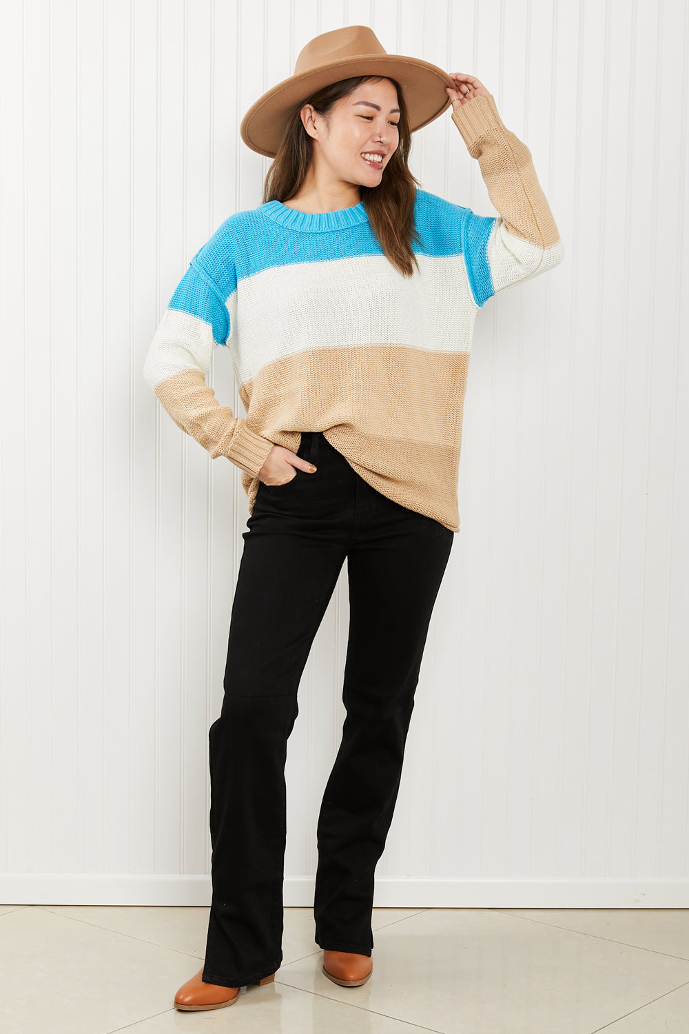 Sew In Love Full Size Color Block Exposed Seam Sweater