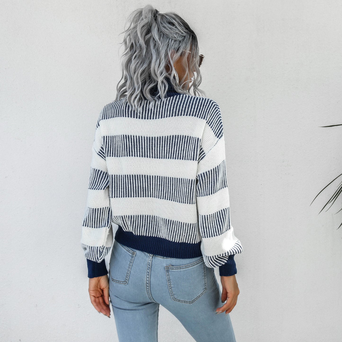 Striped Ribbed Trim Lantern Sleeve Turtleneck Sweater