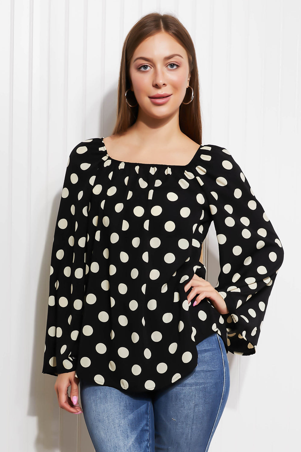 CY Fashion Polka Dot Party Full Size Bell Sleeve Blouse