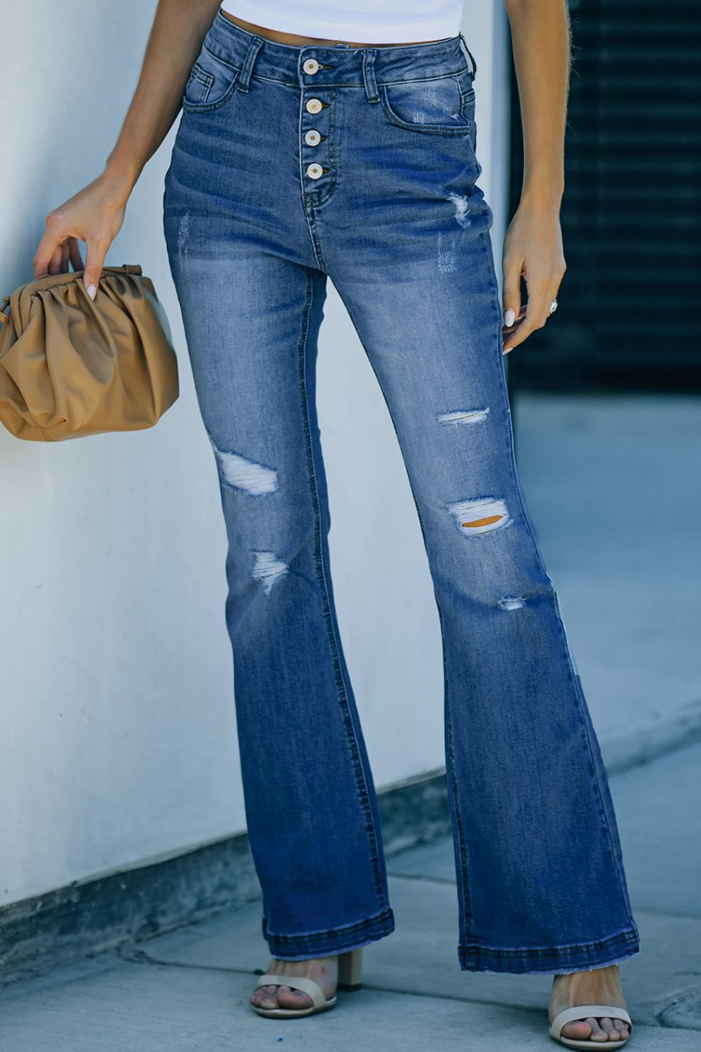 Button Fly Distressed Flared Jeans